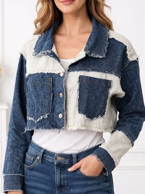 Thrill Jeans Cropped Distressed Two Tone Denim Jacket Medium